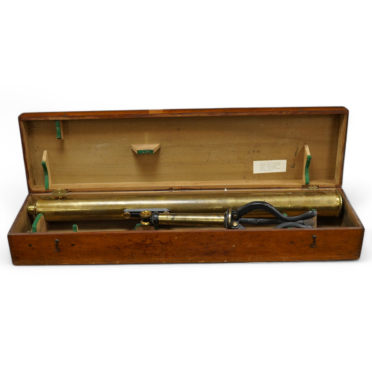 A cased brass telescope and stand, early 20th century, telescope 98cm long. Condition - fair